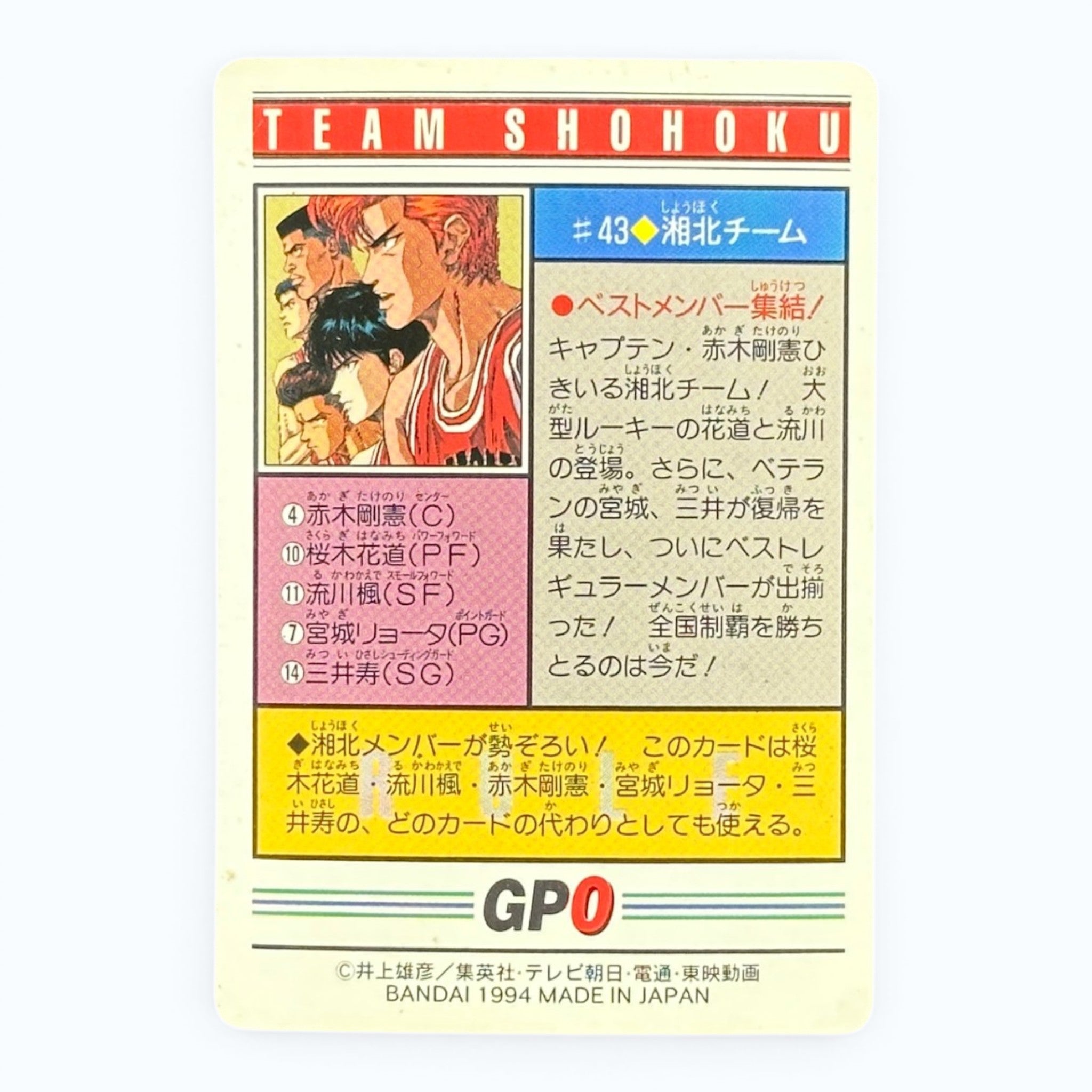 Slam Dunk Shohoku High School Team Card #43 Bandai 1994 Japanese Anime Collectible