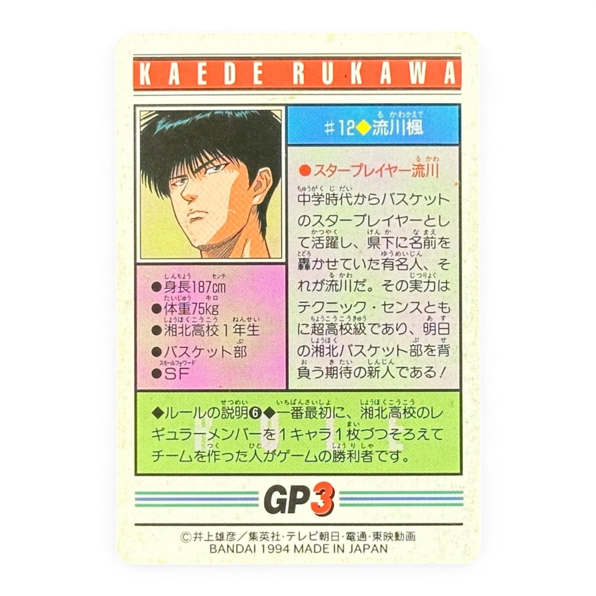 Slam Dunk Kaede Rukawa #12 Bandai 1994 Japanese Holo Anime Card Rare Collectible