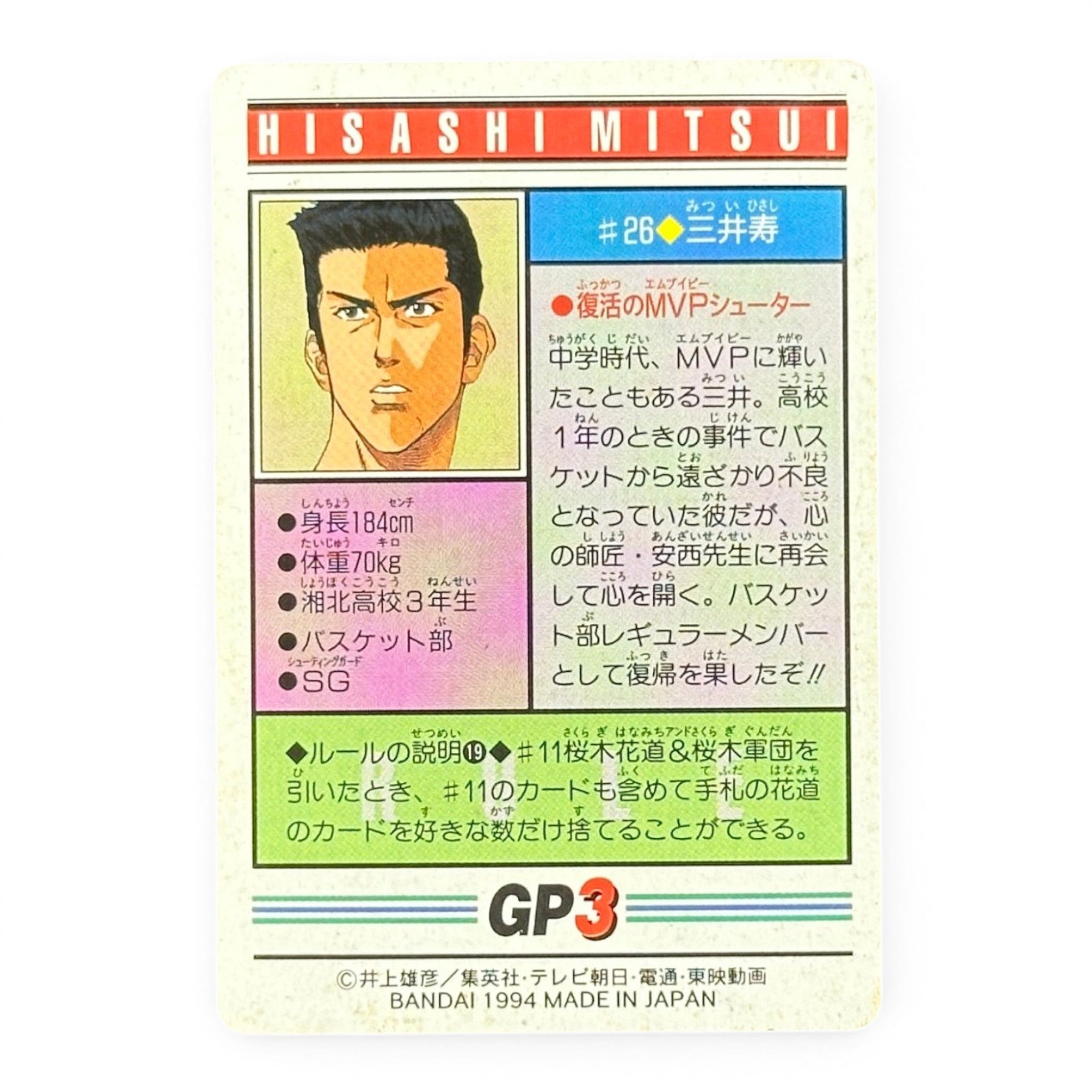 Slam Dunk Hisashi Mitsui Prism Holo Card Bandai 1994 Shohoku Japanese Anime Collectible