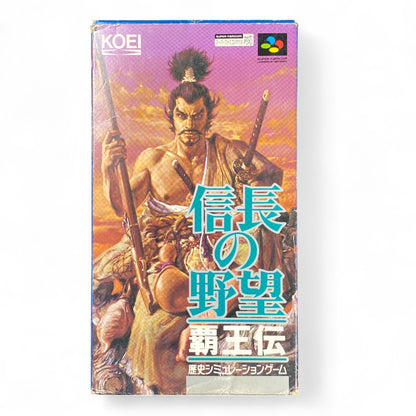 Nobunaga no Yabou Haouden Super Famicom box art with Oda Nobunaga holding rifle and sword