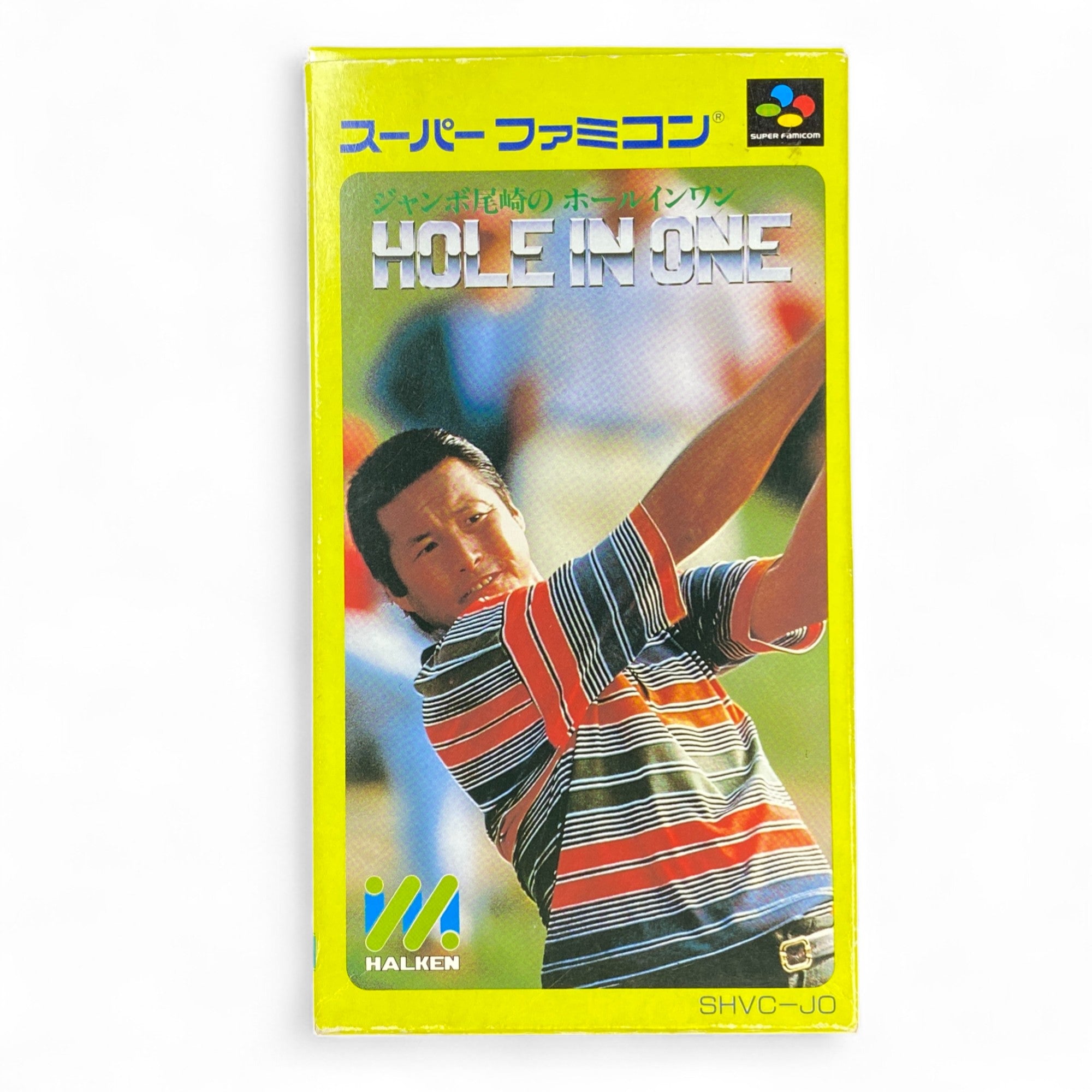 Jumbo Ozaki Hole In One Super Famicom box art with golfer on cover

