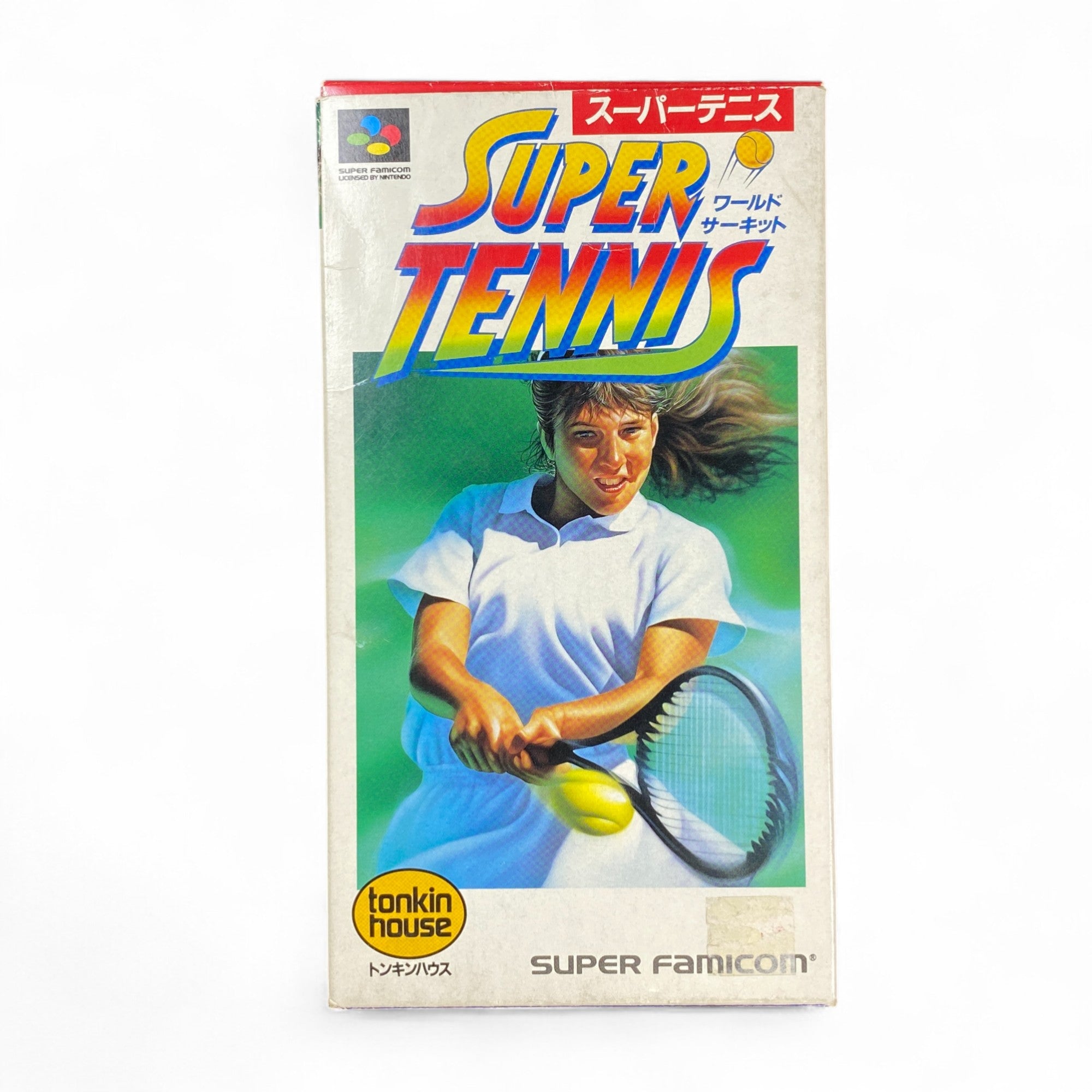 Super Tennis World Circuit Super Famicom box art with female tennis player swinging racket

