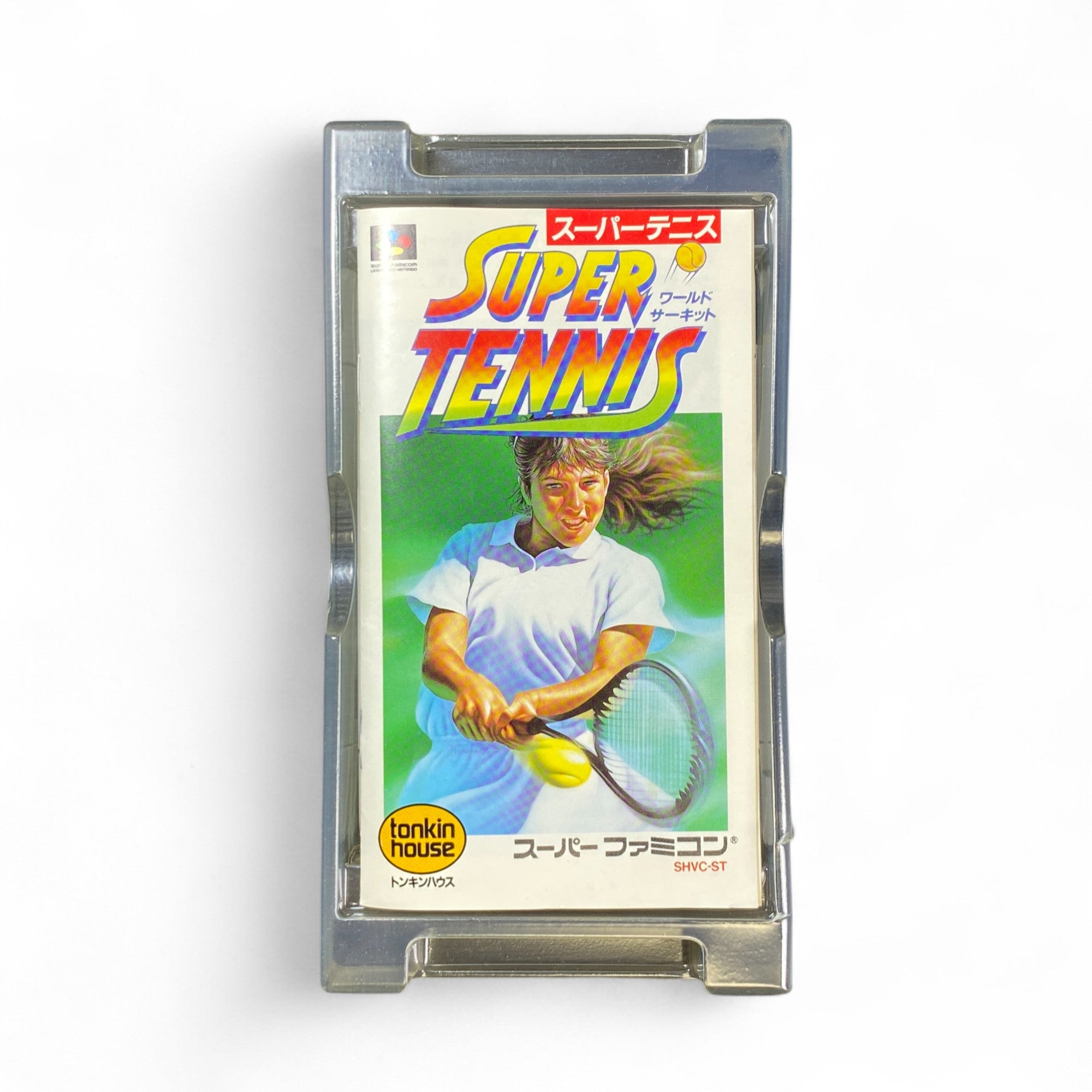 Super Tennis World Circuit Super Famicom box art with female tennis player swinging racket

