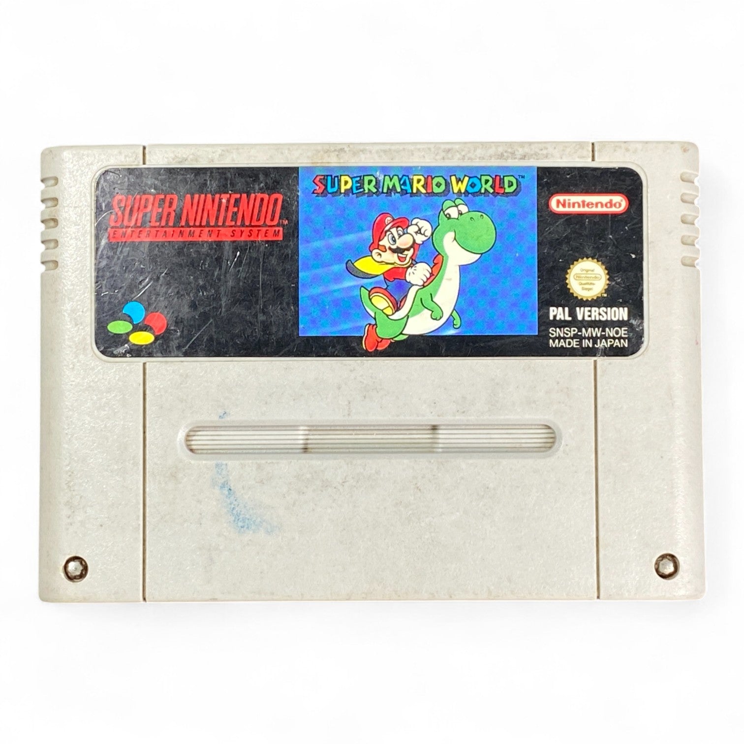 Super Mario World SNES cartridge PAL version with Mario riding Yoshi

