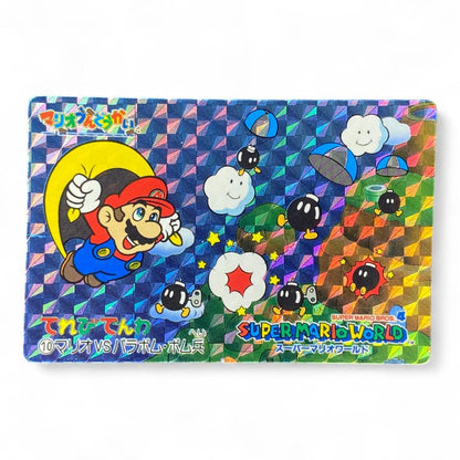 Super Mario World prism holographic card Mario vs Bob-ombs and Parabombs – vintage Japanese Nintendo collectible
